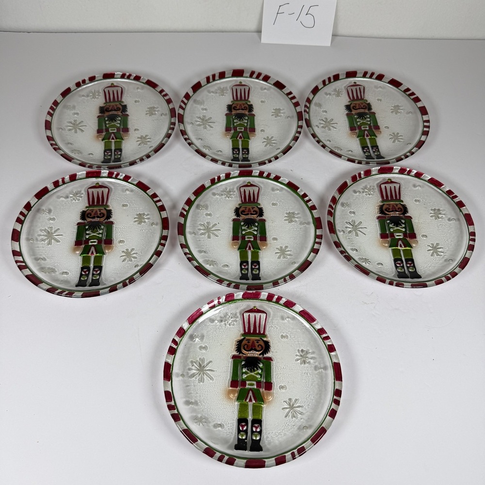 7pc Christmas Nutcracker Glass Plates Set Candy Cane Rim Holiday Decor F-15